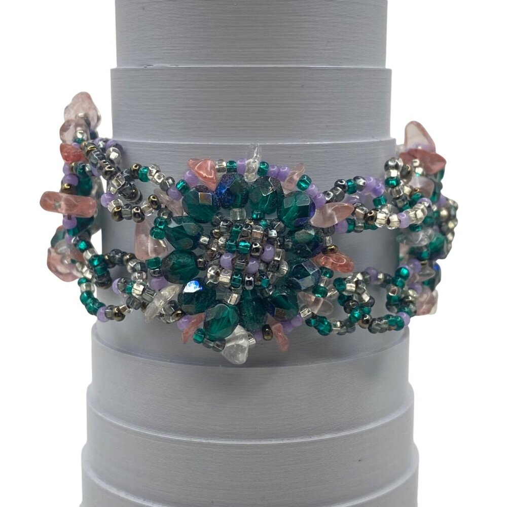 Handwoven Glass Quartz Acrylic Bead Bracelet Magnetic Floral Statement Boho